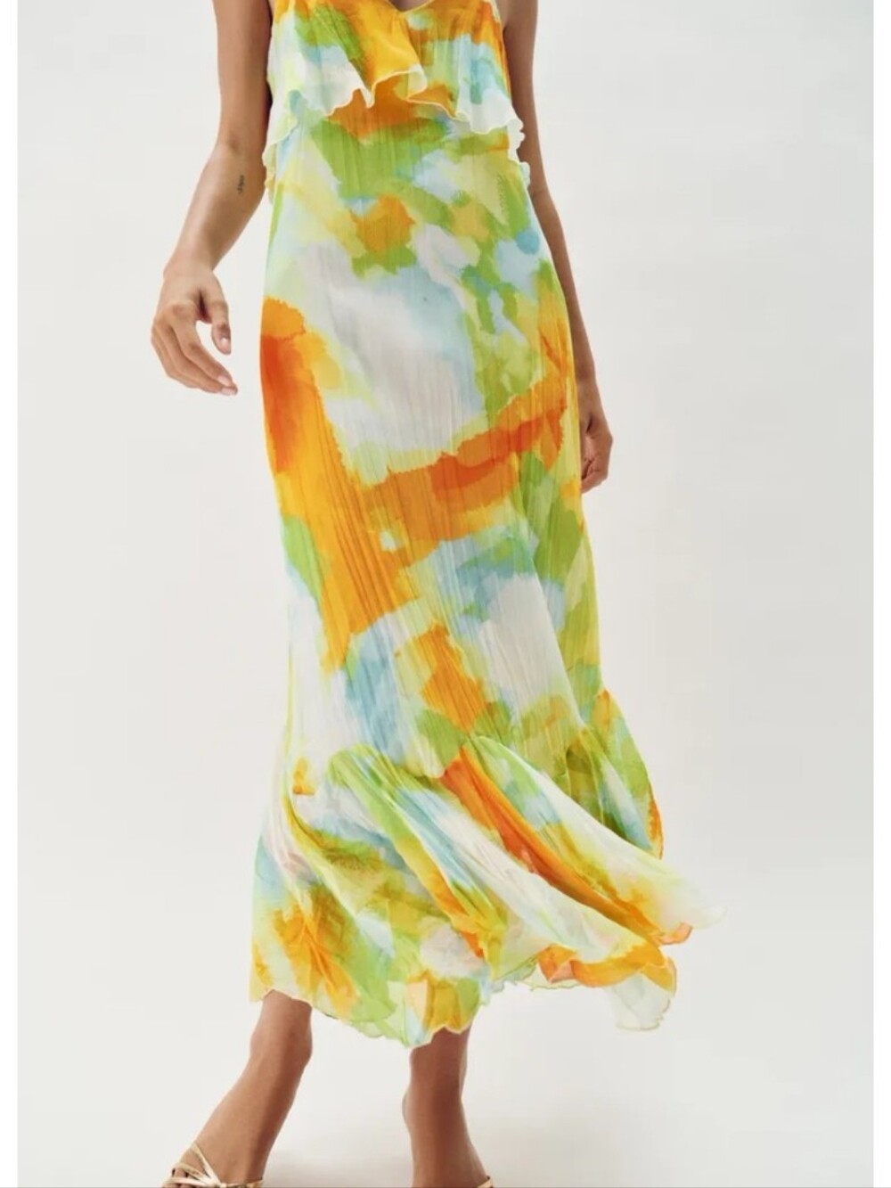 Zara Watercolor Tie-Dye Print Ruffle Midi Dress Sz-L - Picture 6 of 13